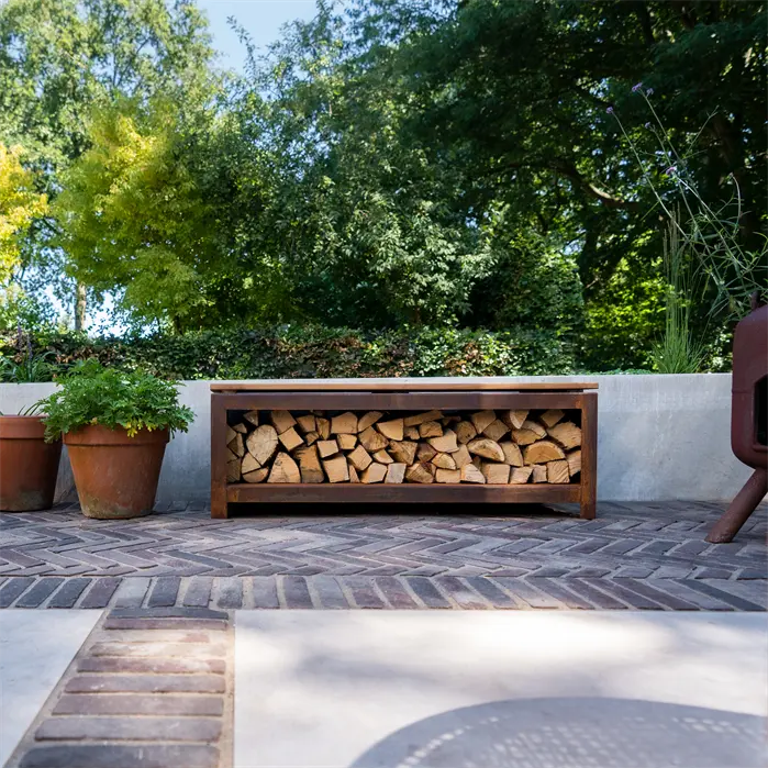 Houtopslag cortenstaal - bank 2000 x 400 x 424 mm