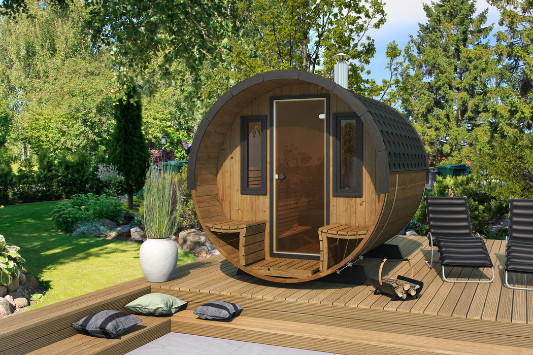 b-lazy Saunabarrel deluxe: diam: Ø235; lengte: 280 + balkon + panoramisch