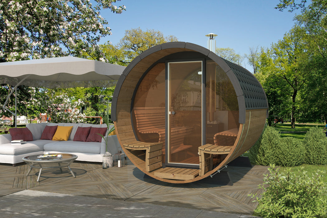 b-lazy Saunabarrel deluxe: diam: Ø235; lengte: 280 + balkon + panoramisch