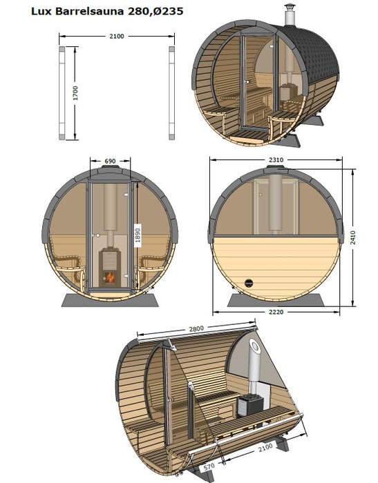 B-lazy Saunabarrel deluxe: diam: Ø235; lengte: 280 + balkon
